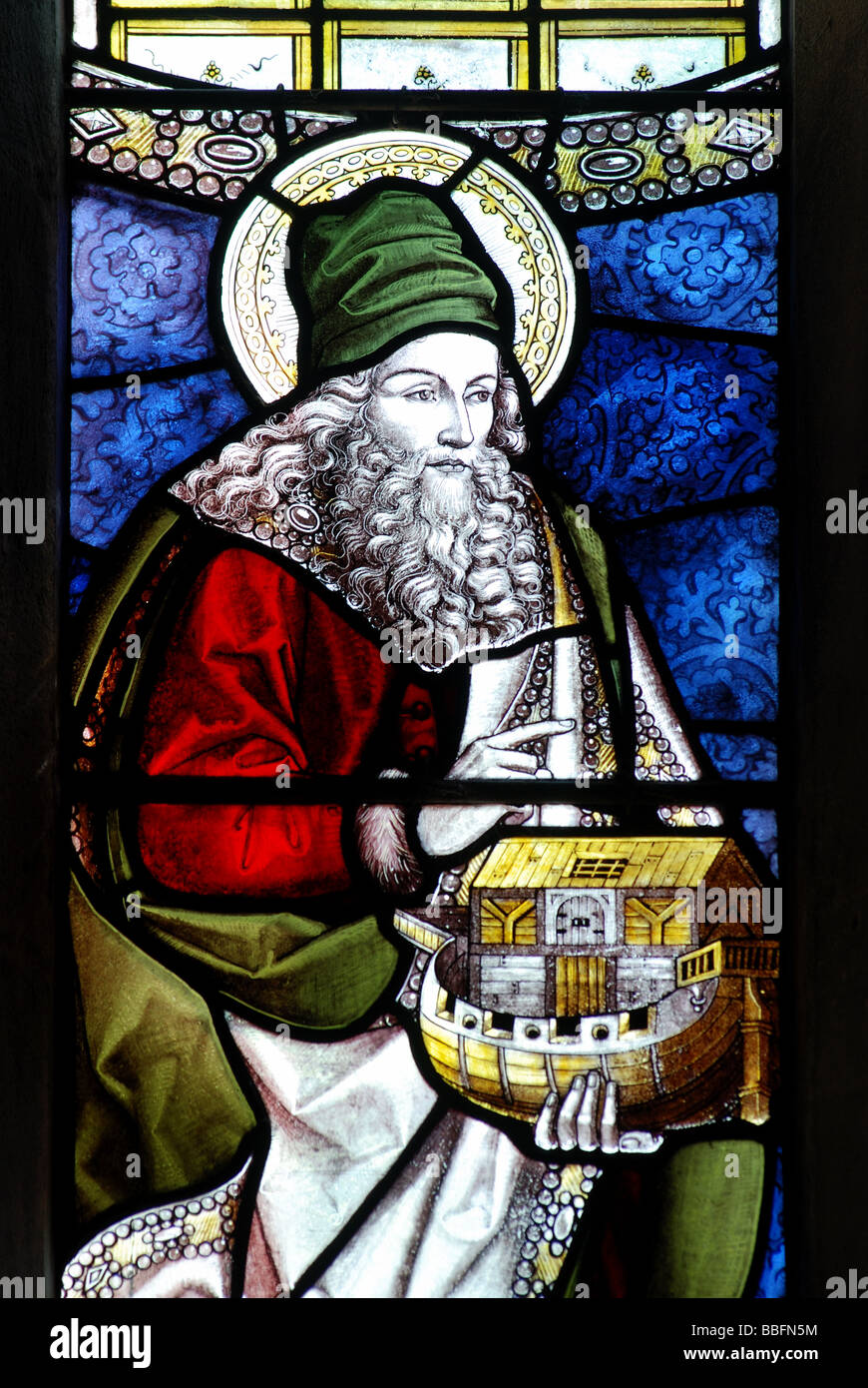 Noah stained glass, St. Faith`s Church, Overbury, Worcestershire, England, UK Stock Photo